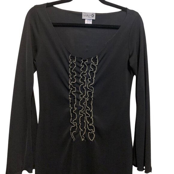 Vintage Luly K Sheer Black Midi Dress With Ruffle Front Bell Sleeves Sz L Witchy - Picture 10 of 16